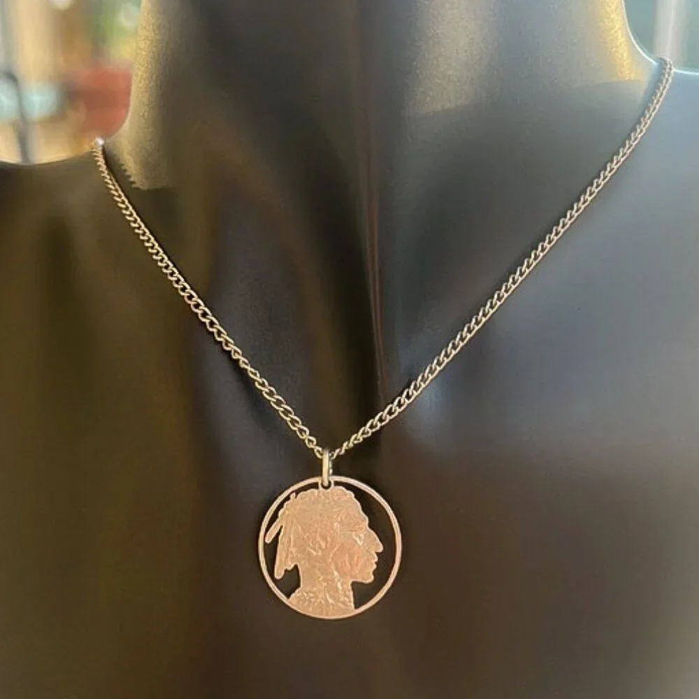 Vintage 1937 Buffalo Nickle Cut Out Native Chief Necklace Unisex - Picture 8 of 8